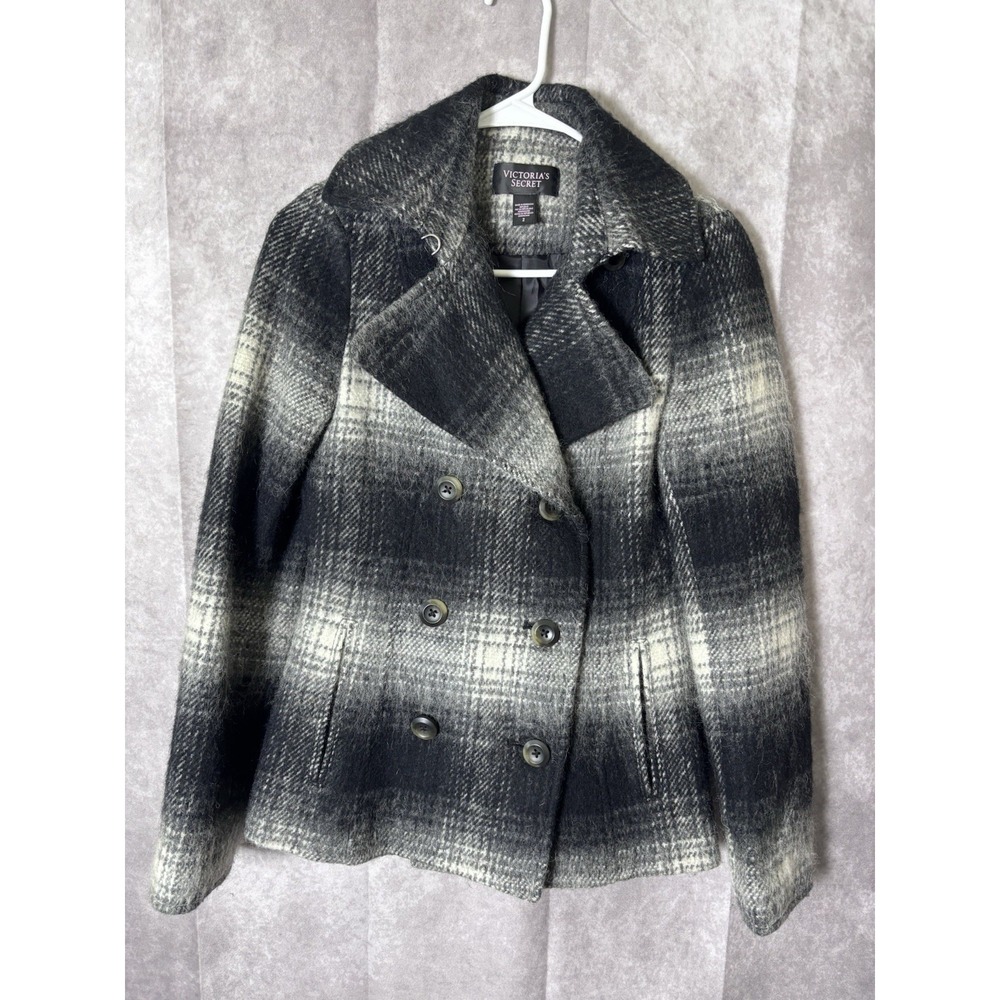 Vintage‎ Victoria Secret Pea Coat Jacket Plaid Black & White Size 2 Wool